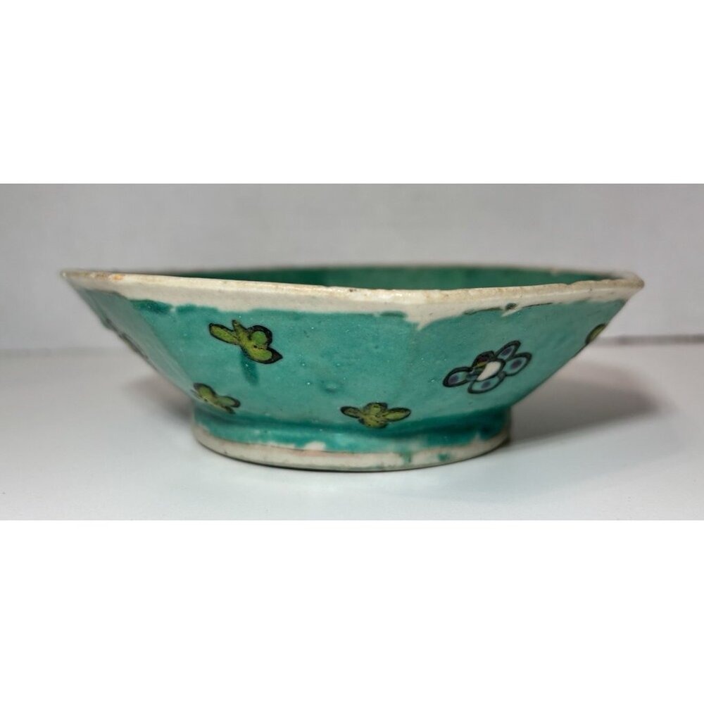 Antique Footed Dish Turquoise Early Famille Rose China 6" Rice Bowl As is